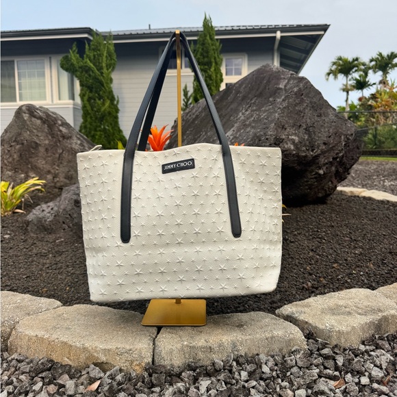Jimmy Choo Handbags - Jimmy Choo White Star Embossed Leather Tote Bag Black Handles Made in Italy